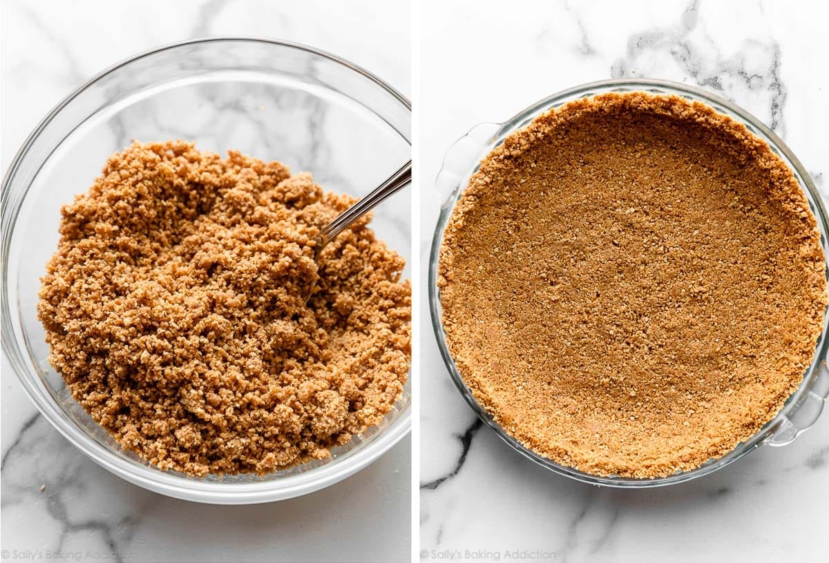 cookie crumbs in glass bowl and shown again pressed into pie dish.