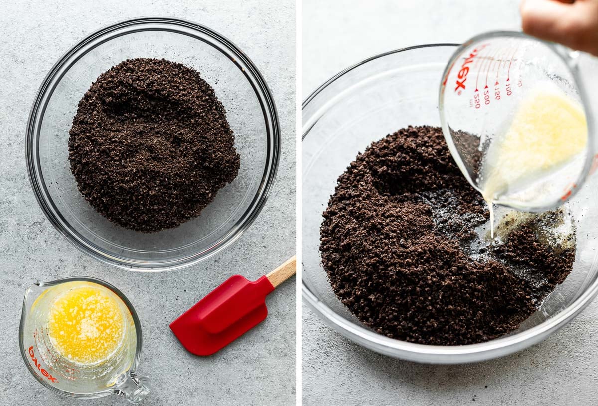 chocolate sandwich cookie crumbs in glass bowl and melted butter in liquid measuring cup, both pictured again pouring butter on crumbs.