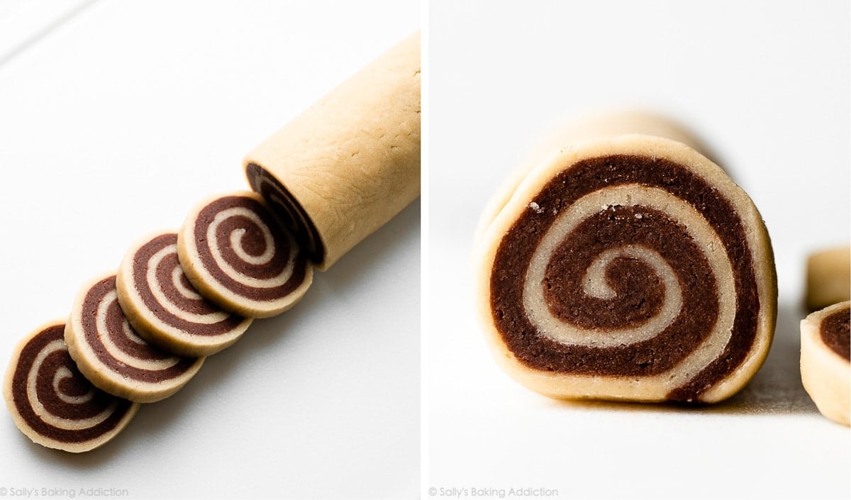 log of swirled vanilla and chocolate cookie dough and close-up of slice.