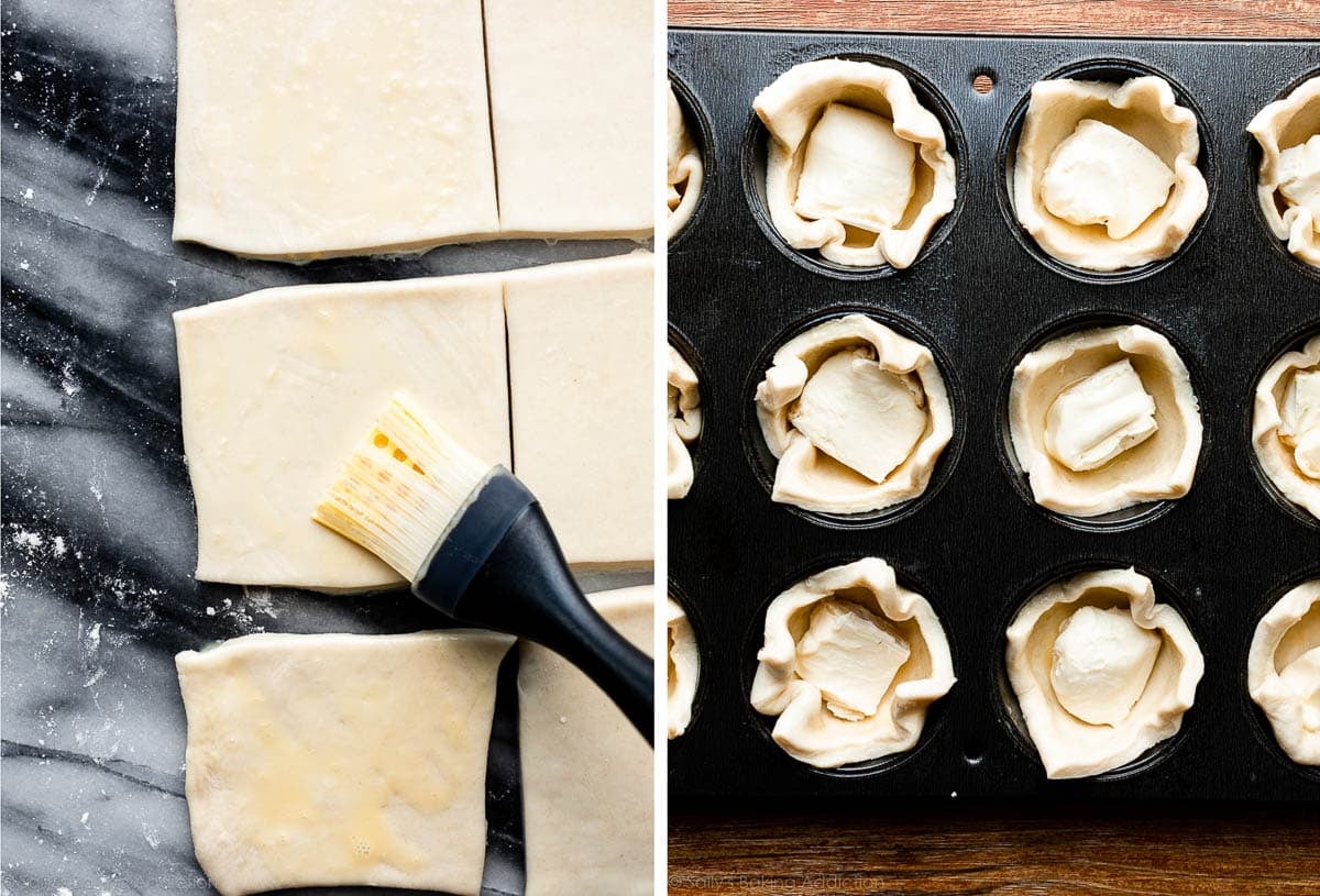 brushing egg wash on puff pastry squares and shown again fitted in muffin pan with brie cheese on top.