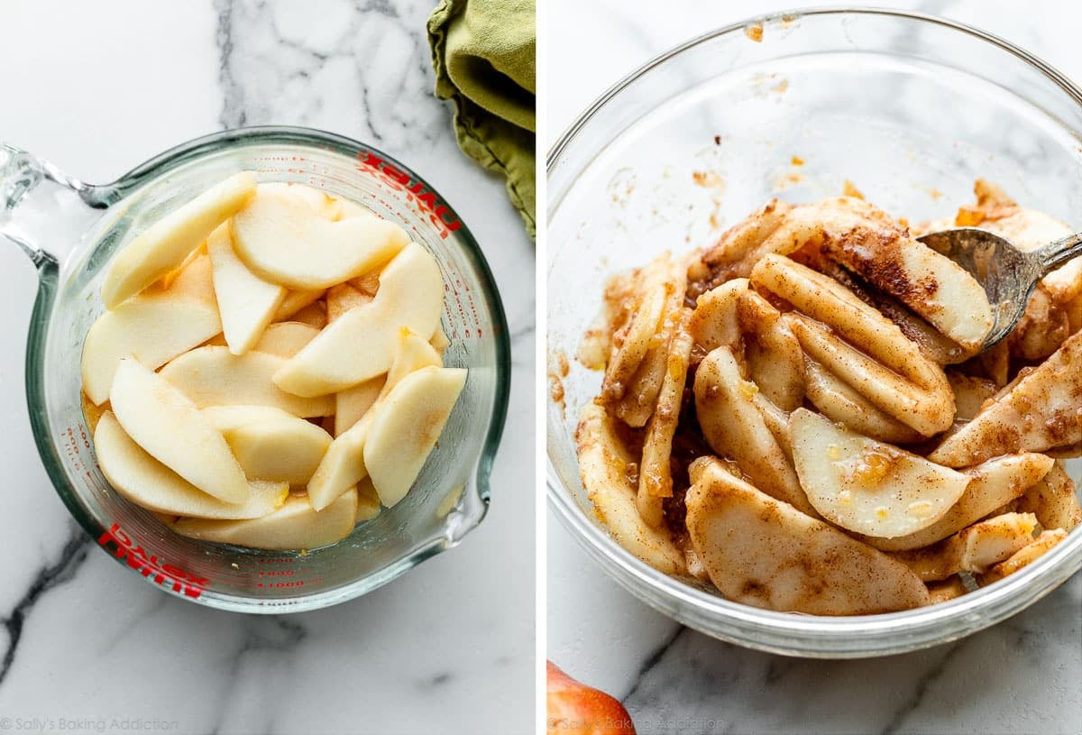 sliced pears in liquid measuring cup and shown again mixed with other filling ingredients in glass bowl.