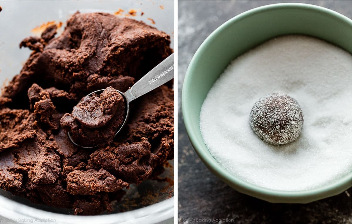 chocolate cookie dough in glass bowl and shown again as a ball being rolled in sugar.