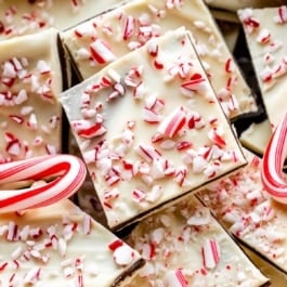 up-close photo of peppermint bark with crushed candy canes on top.