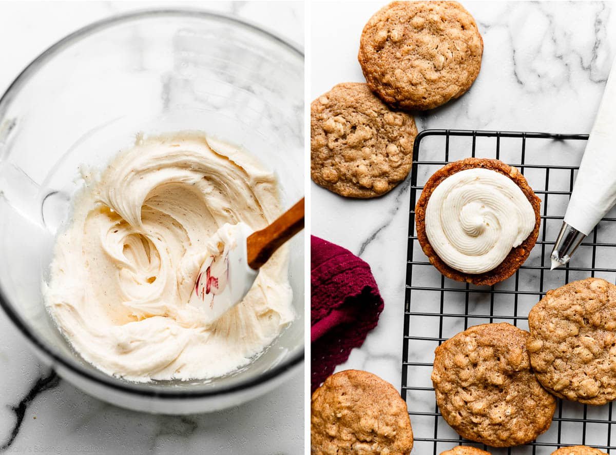 buttercream in big glass mixing bowl and shown again piped on the bottom of an oatmeal cookie.