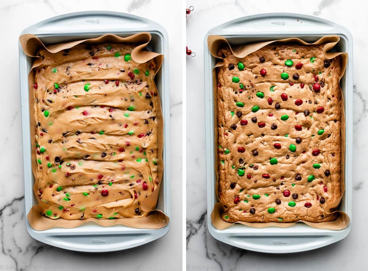 M&M cookie dough spread in blue baking pan and shown before and after baking.