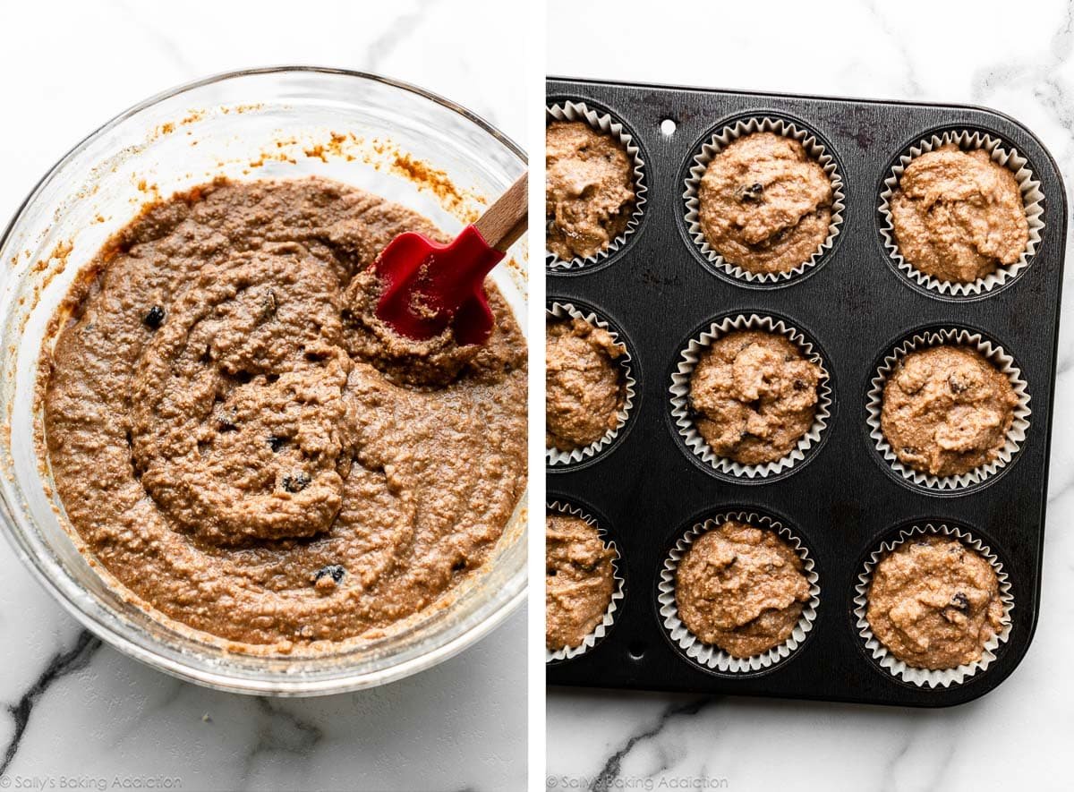 brown batter in glass bowl and shown again divided between muffin cups in a dark muffin pan.