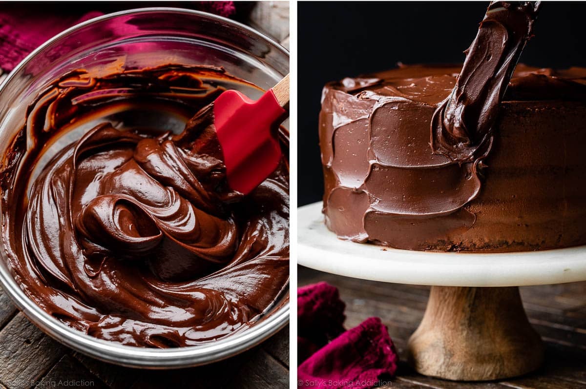 thickened chocolate ganache in glass bowl and pictured again being spread on outside of chocolate cake.