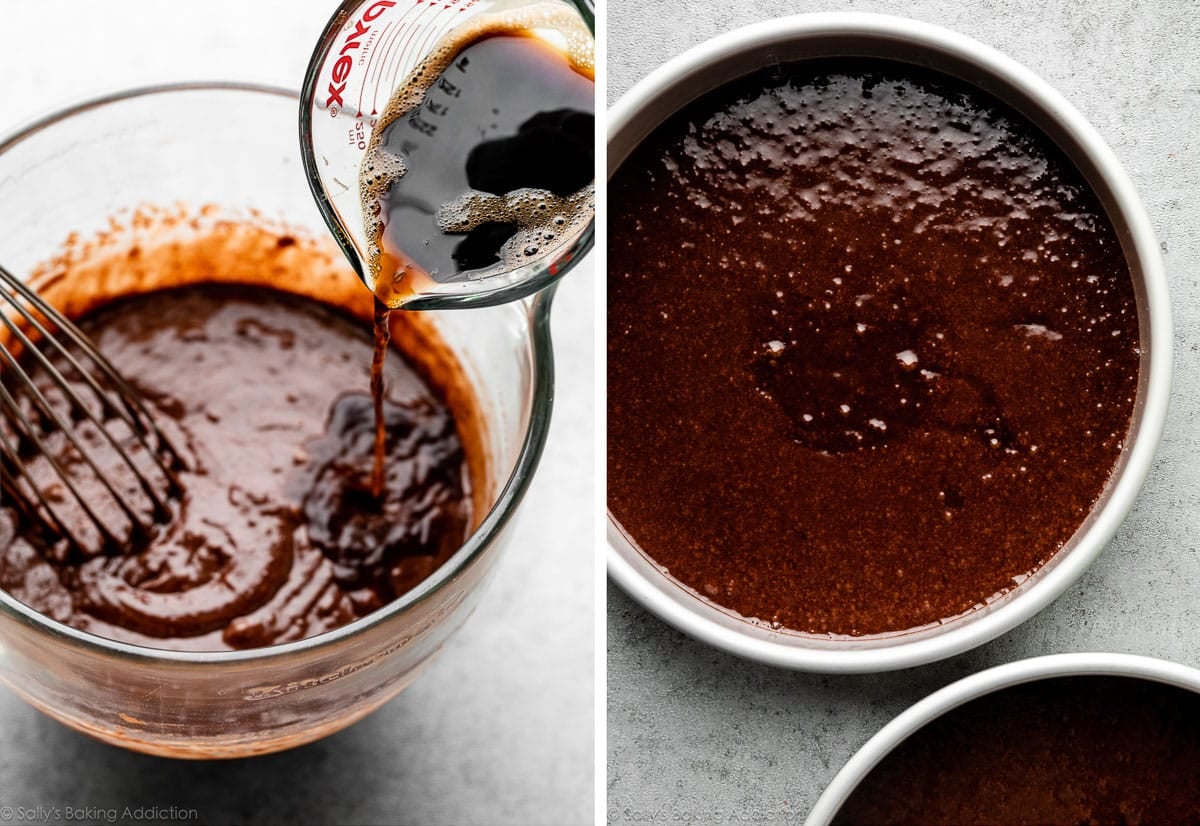 pouring Guinness into cake batter and cake batter shown again in cake pan.