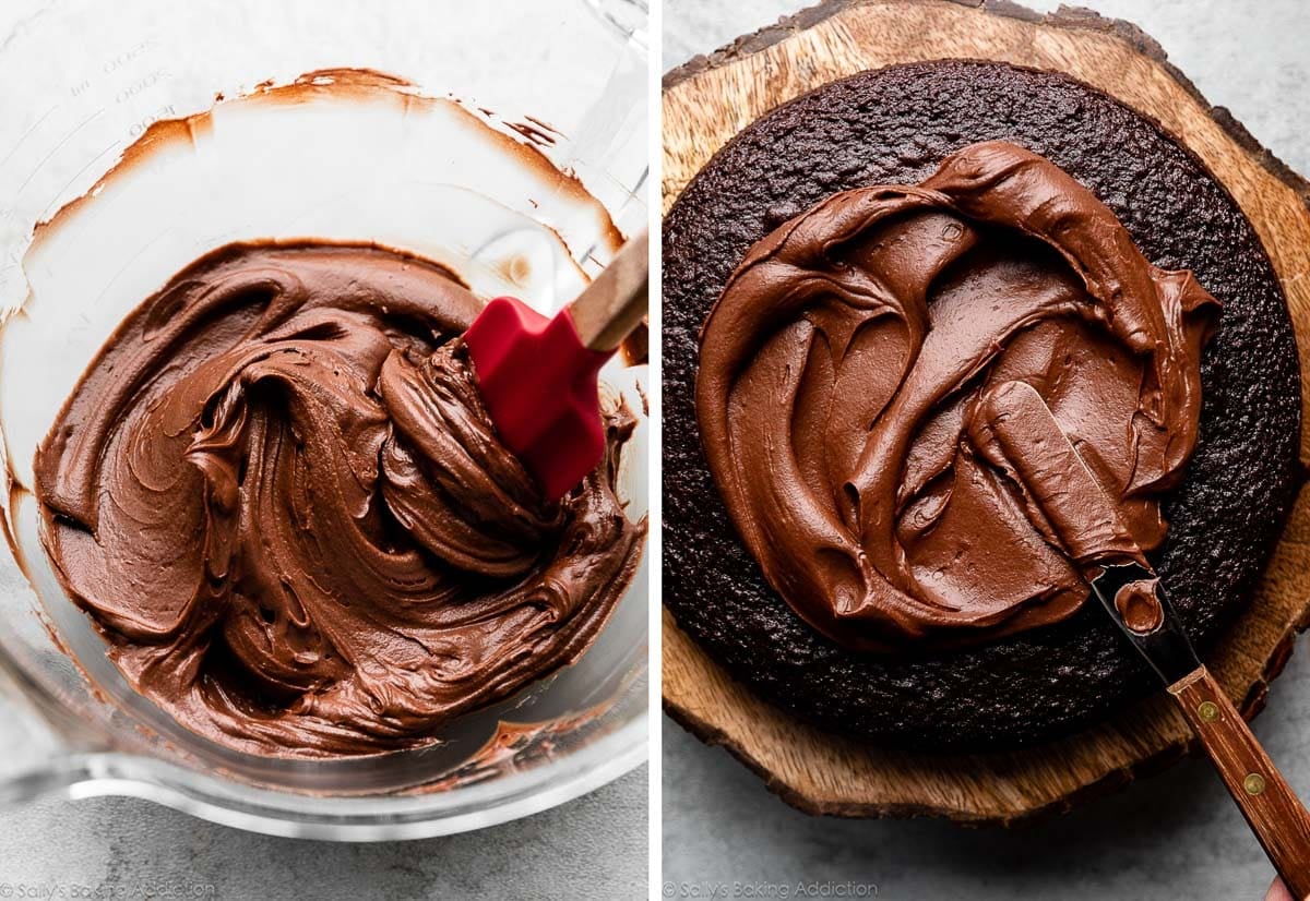 chocolate cream cheese Guinness frosting in bowl and shown being spread on chocolate cake layer.