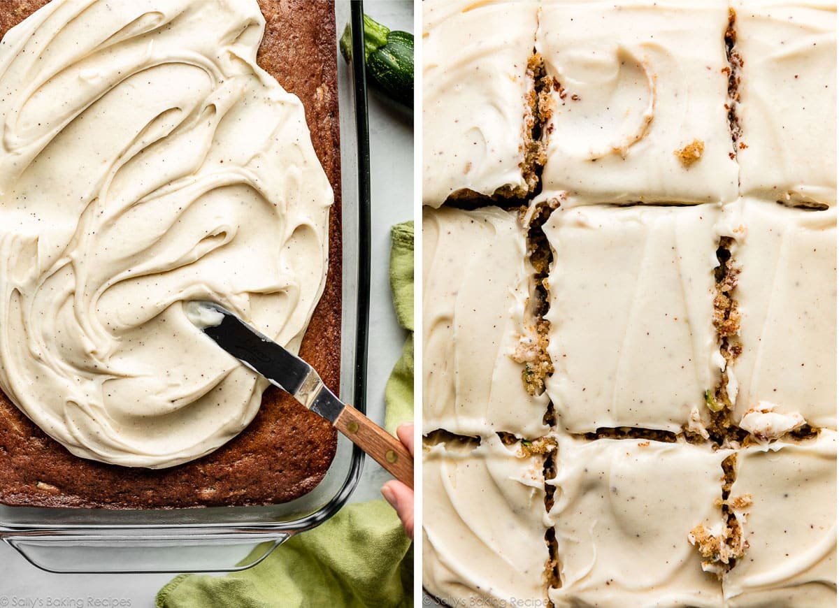 icing spatula spreading brown butter cream cheese frosting on cake and cake shown again very up close already sliced.