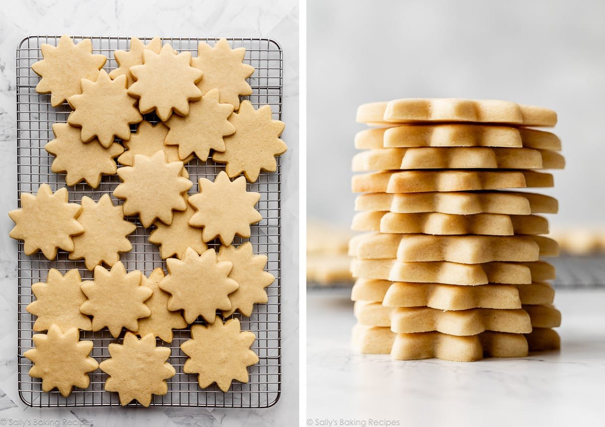 flower-shaped cookies on cooling rack and pictured again in a stack.