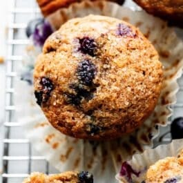 close-up of a banana blueberry muffin.