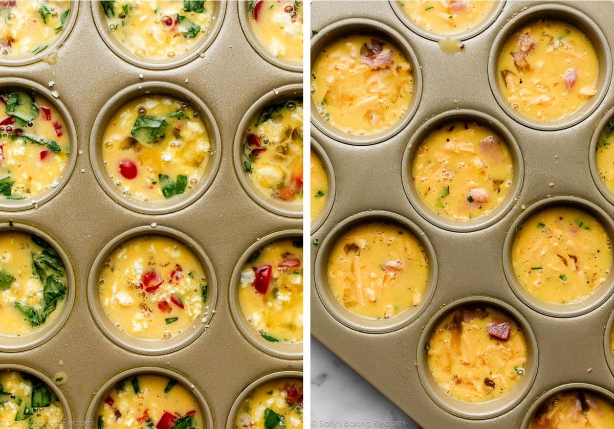 egg mixture poured in cupcake pan with various add-ins in each.