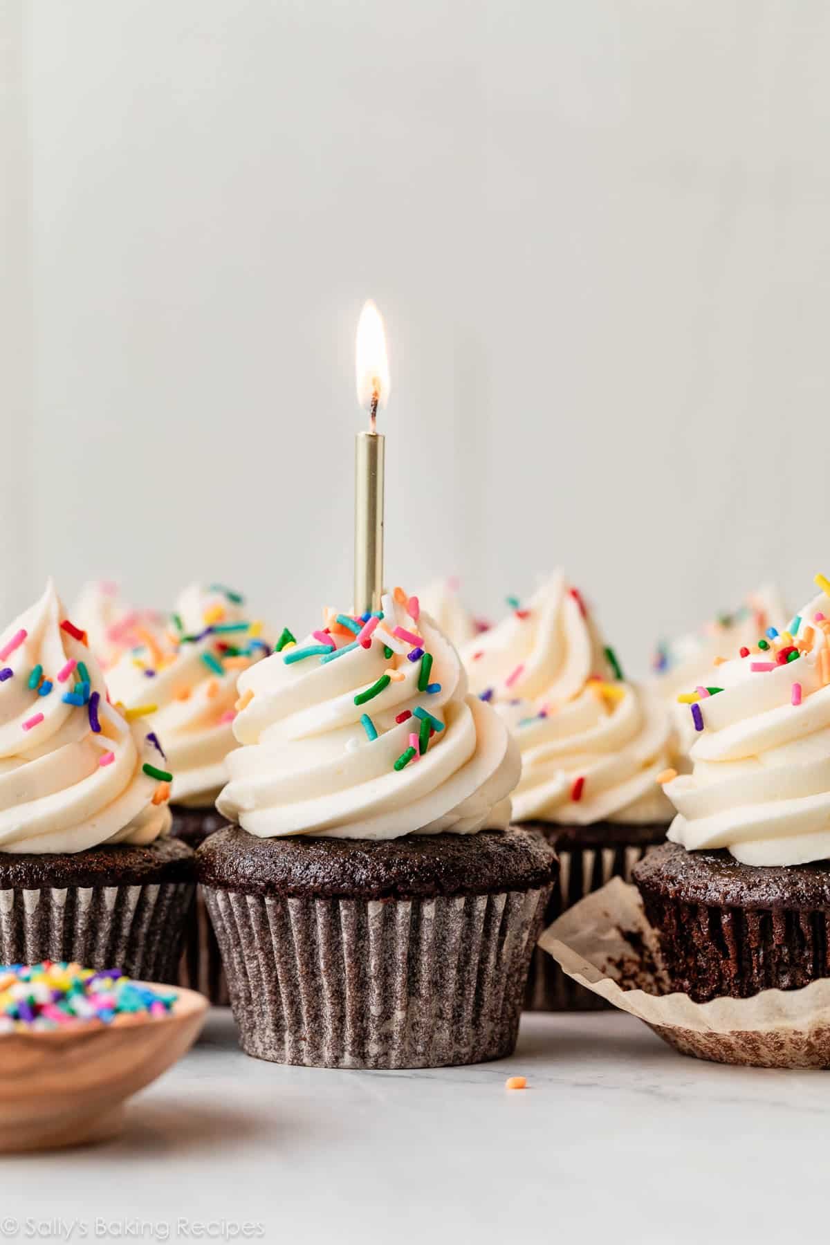 chocolate cupcakes with vanilla buttercream, rainbow sprinkles, and a gold birthday candle.