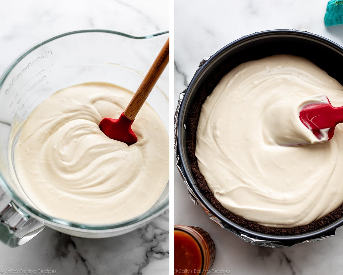 creamy batter in glass bowl and shown again spread into springform pan that's wrapped in foil.