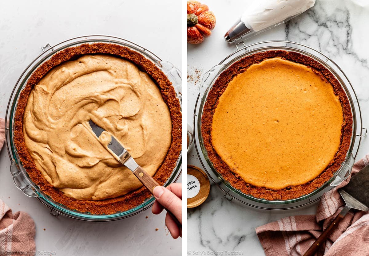 pumpkin batter being spread in crust and shown again baked with pink linen and piping bag around it.