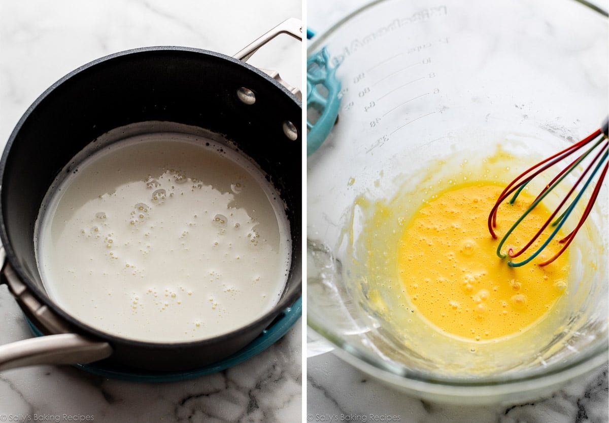 milk with bubbles on top in pot and another picture showing egg yolk mixture with some poured in.