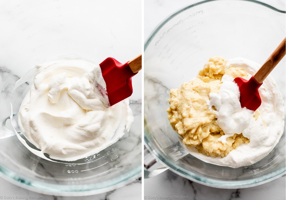 whipped cream in glass bowl and shown again with pastry cream being stirred in.