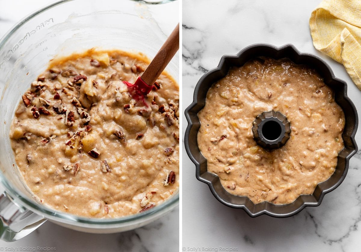 pecan, pineapple, and banana cake batter in glass bowl and shown again in a Bundt pan.