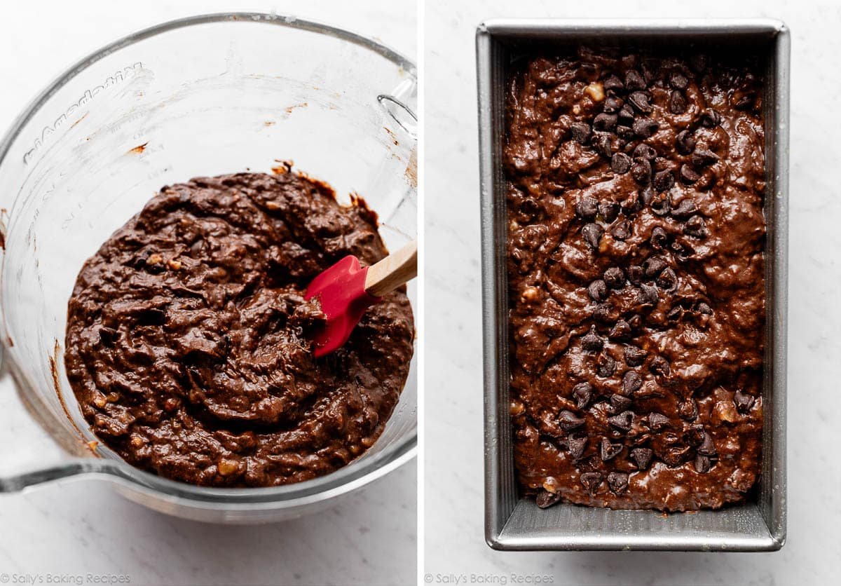 chocolate banana batter in bowl and spread into loaf pan.