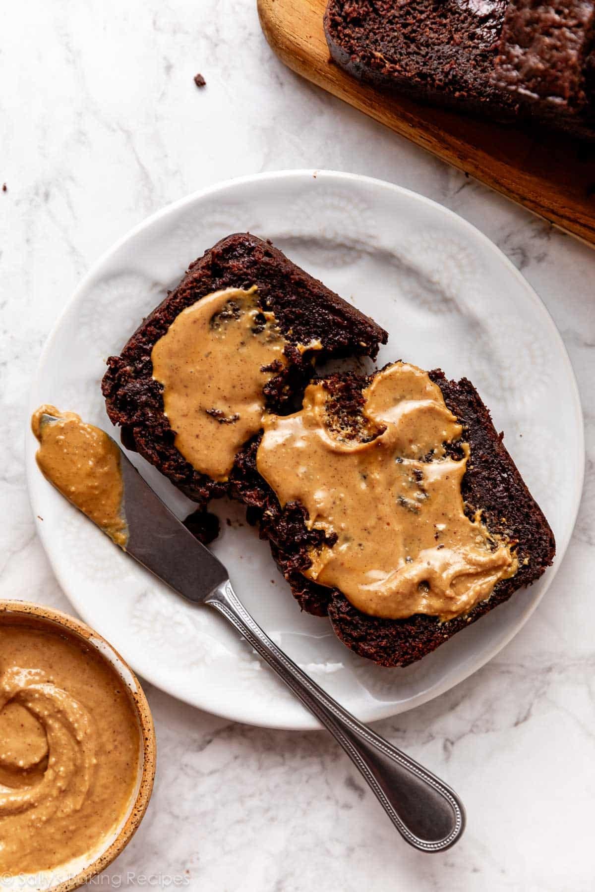 chocolate bread with peanut butter spread on top.