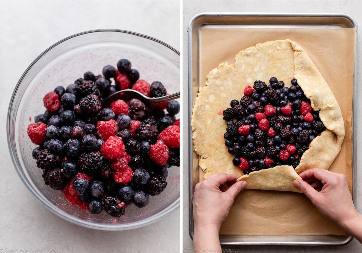 raspberries, blueberries, and blackberries in glass bowl and shown again as filling inside pie dough.