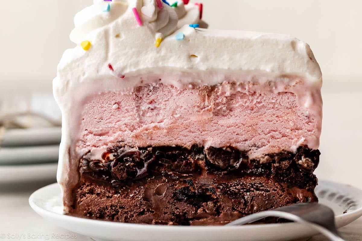 chocolate, Oreo, and strawberry ice cream cake slice.