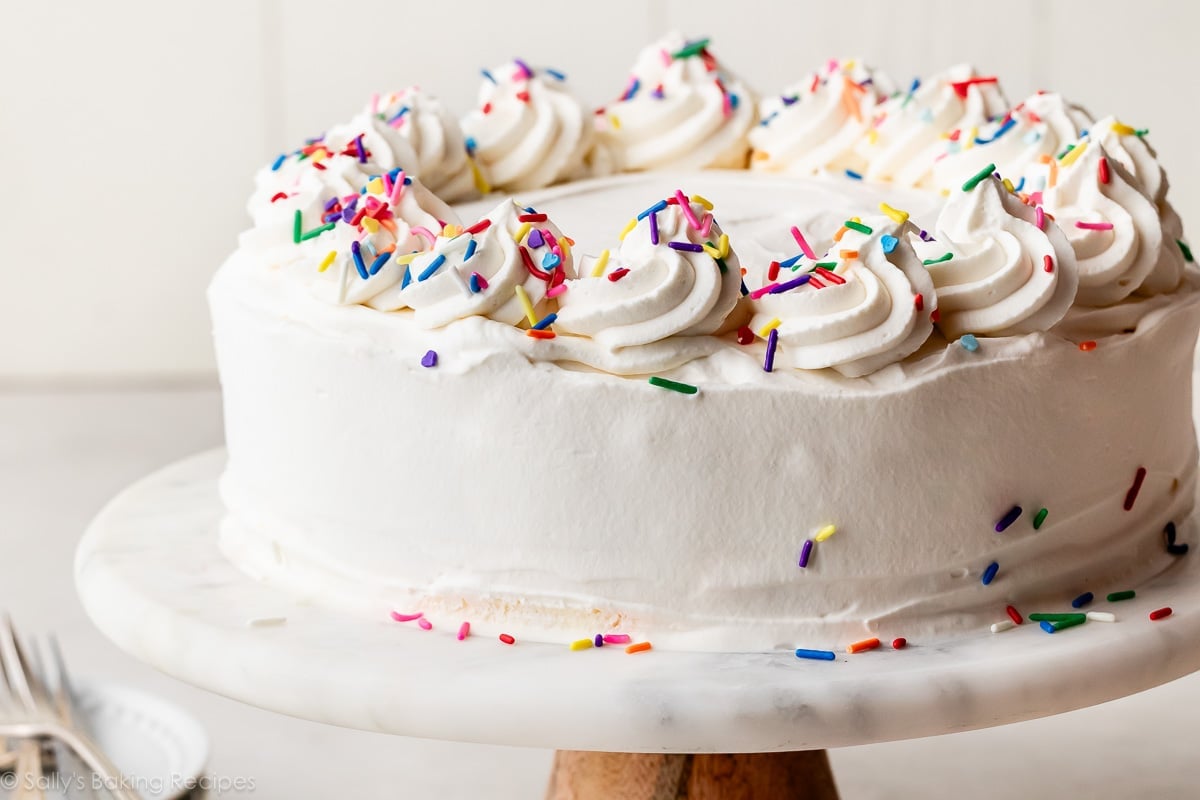 whole ice cream cake on cake stand with whipped cream and sprinkles.