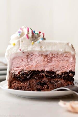 slice of ice cream cake with whipped cream and sprinkles on top on white plate.