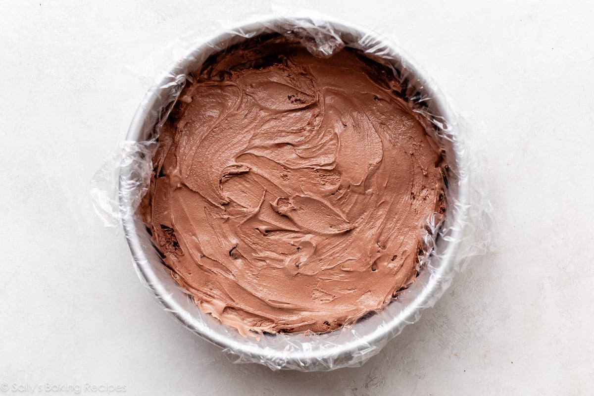 chocolate ice cream spread in round pan.