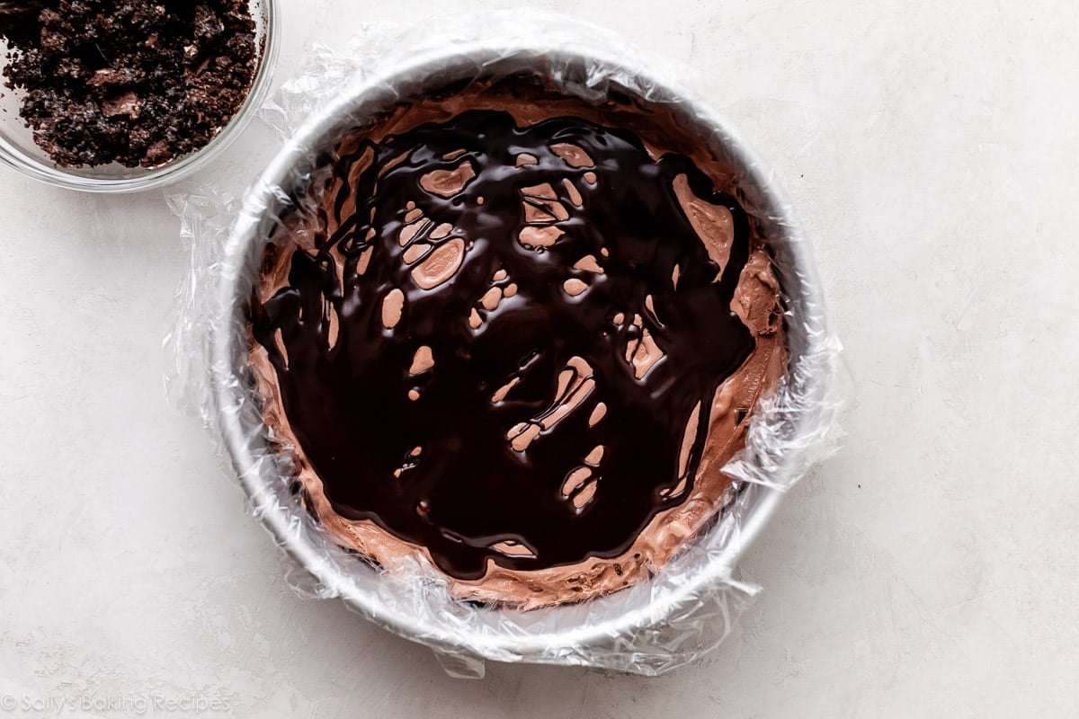 hot fudge drizzled on top of cake.