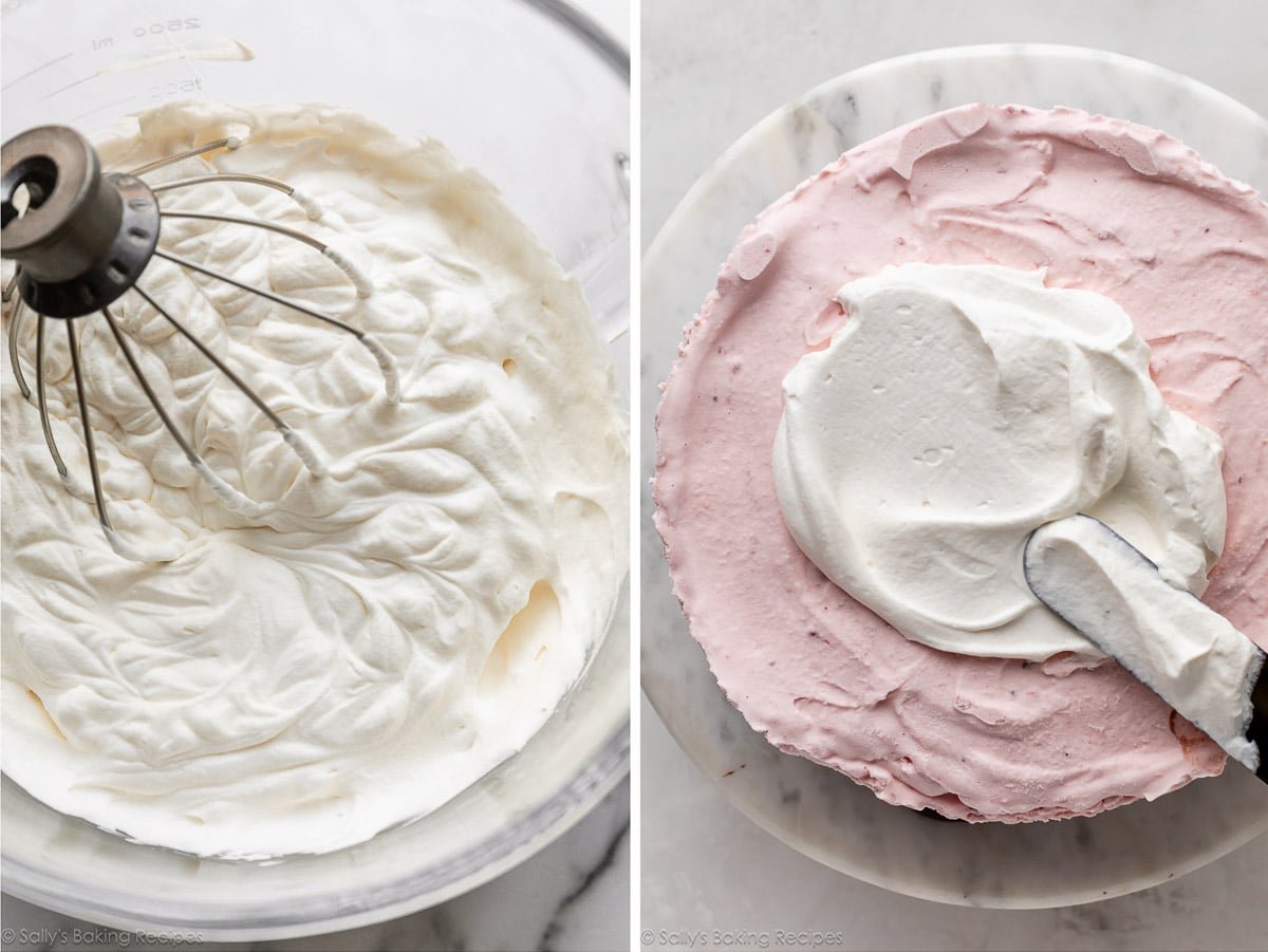 whipped cream in bowl and shown again being spread on cake.