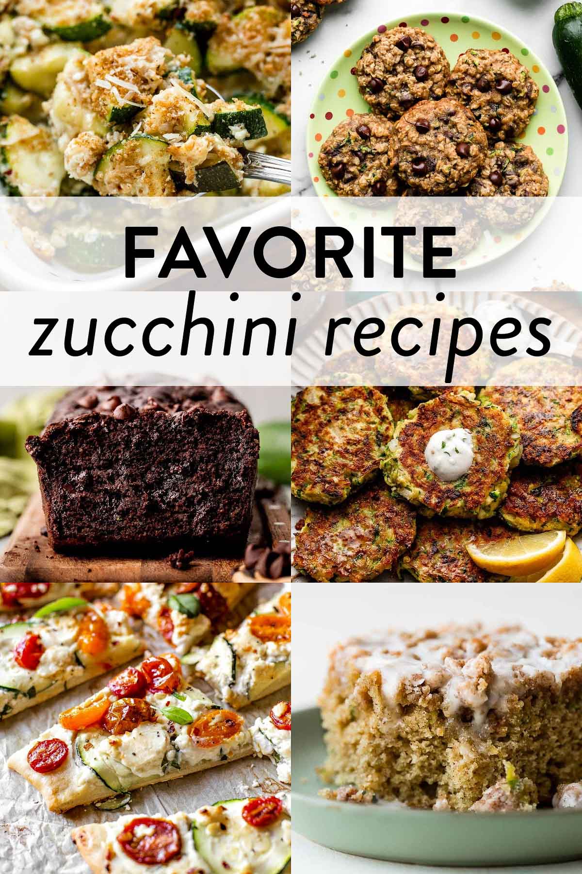 collage of zucchini recipes including zucchini casserole, oatmeal cookies, chocolate zucchini bread, fritters, flatbread with tomatoes, and crumb cake.