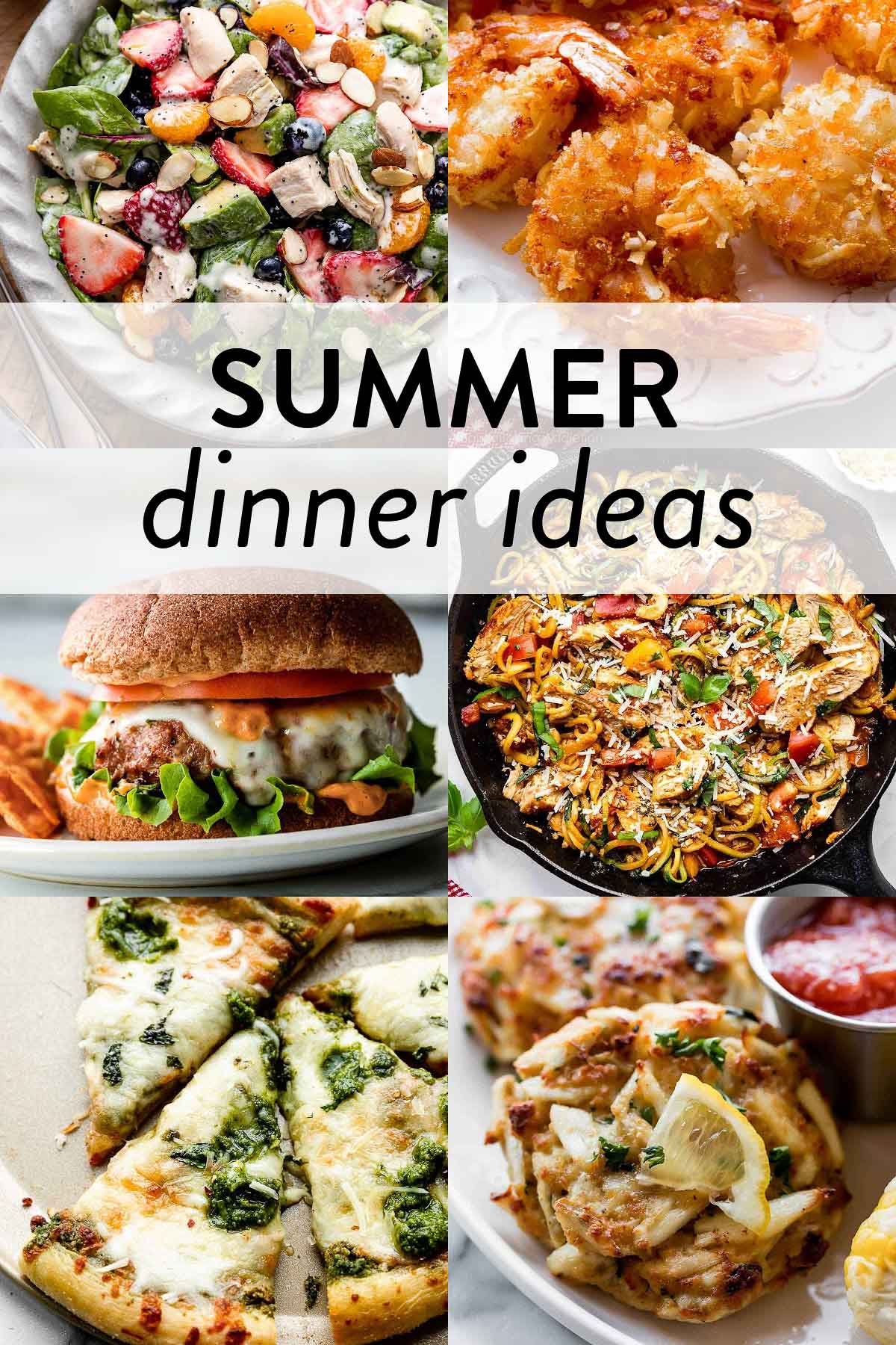 collage of summer dinner recipe photos including coconut shrimp, turkey burgers, strawberry chicken salad, crab cakes, and pesto pizza.