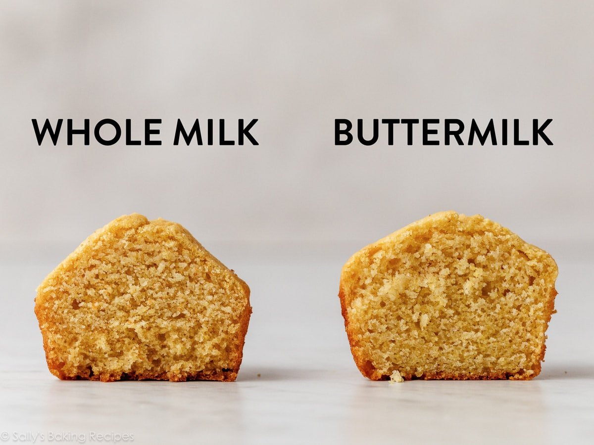 two cornbread muffins next to each other with words whole milk and buttermilk on top.