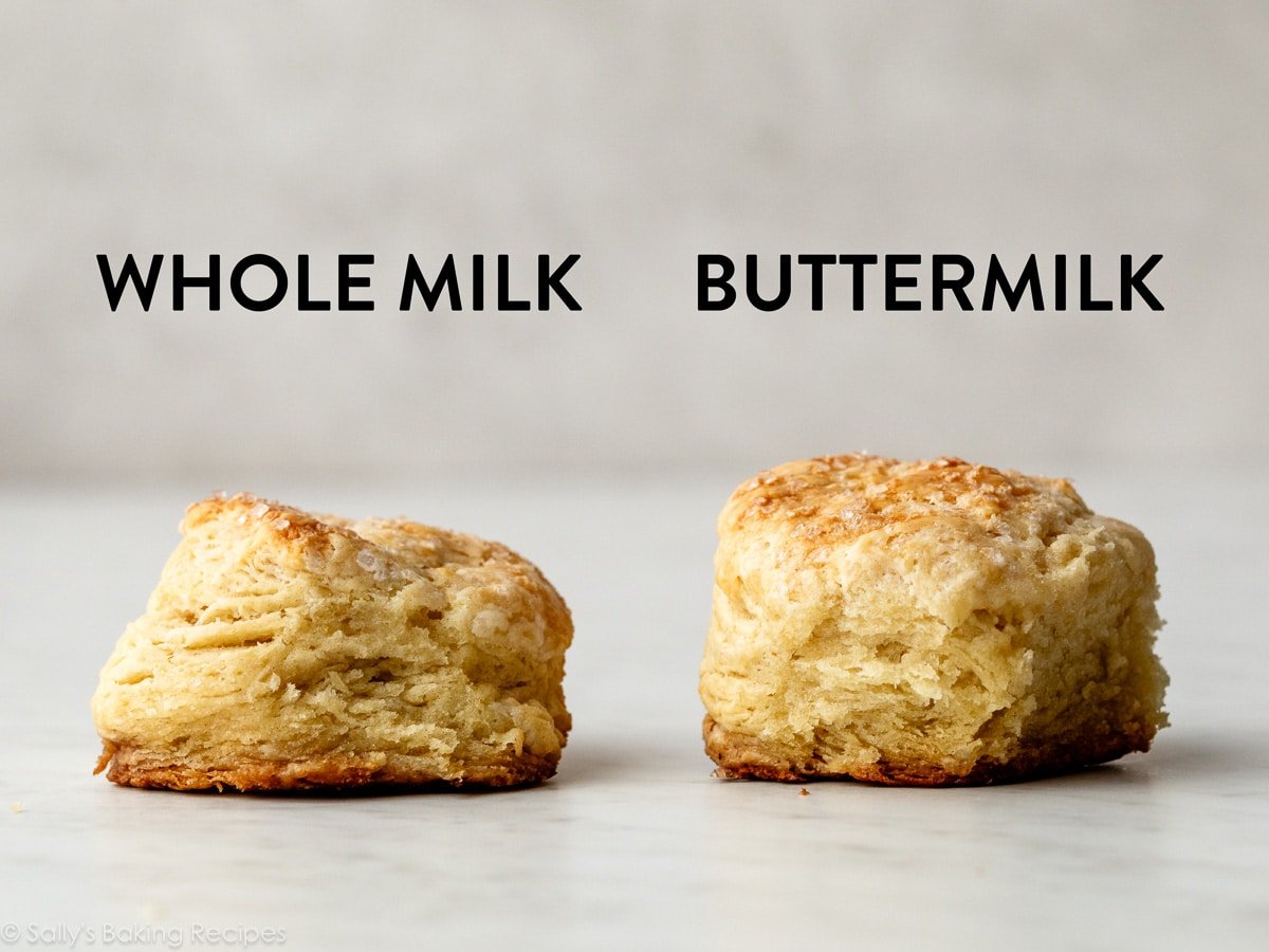 two biscuits next to each other with words whole milk and buttermilk on top.