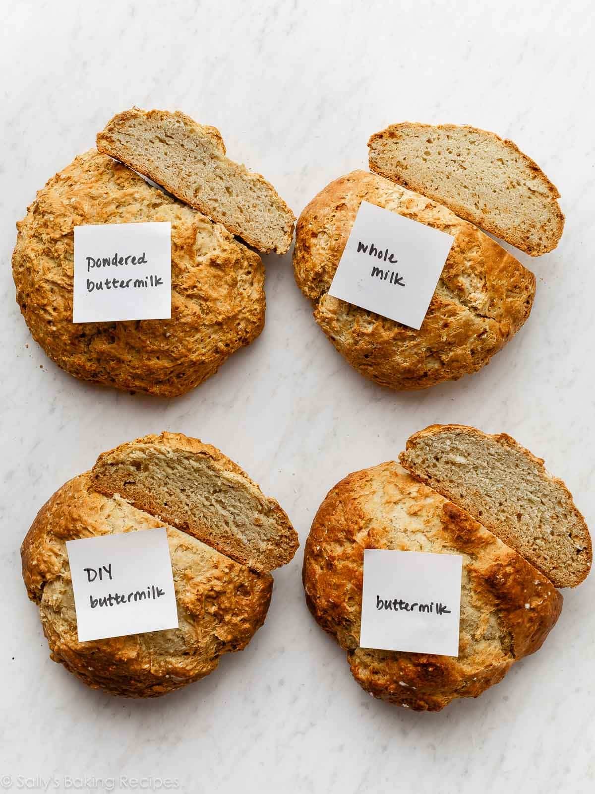 4 no yeast breads showing different buttermilk options with notes on top.