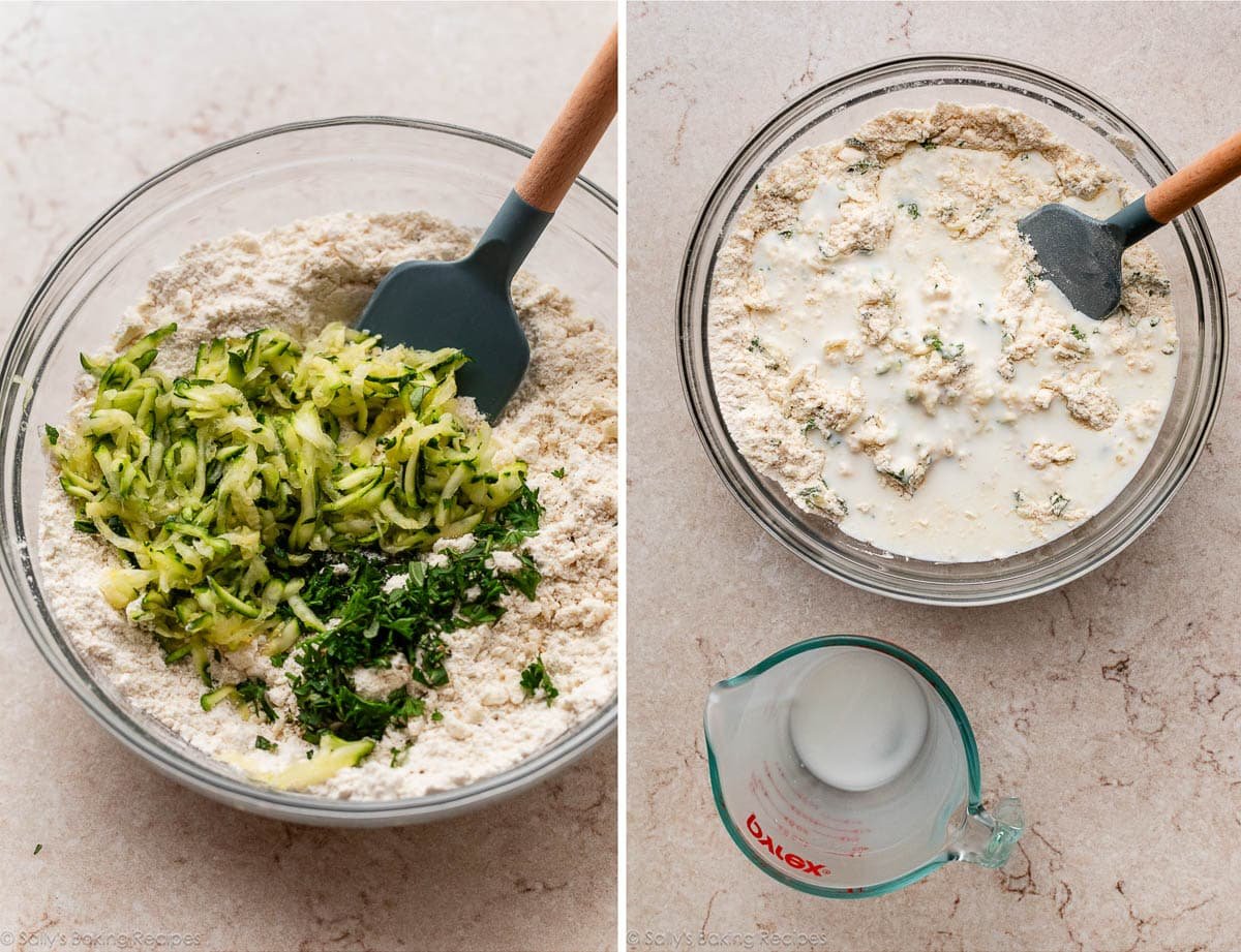 shredded zucchini and fresh herbs on top of flour mixture and shown again with milk on top.