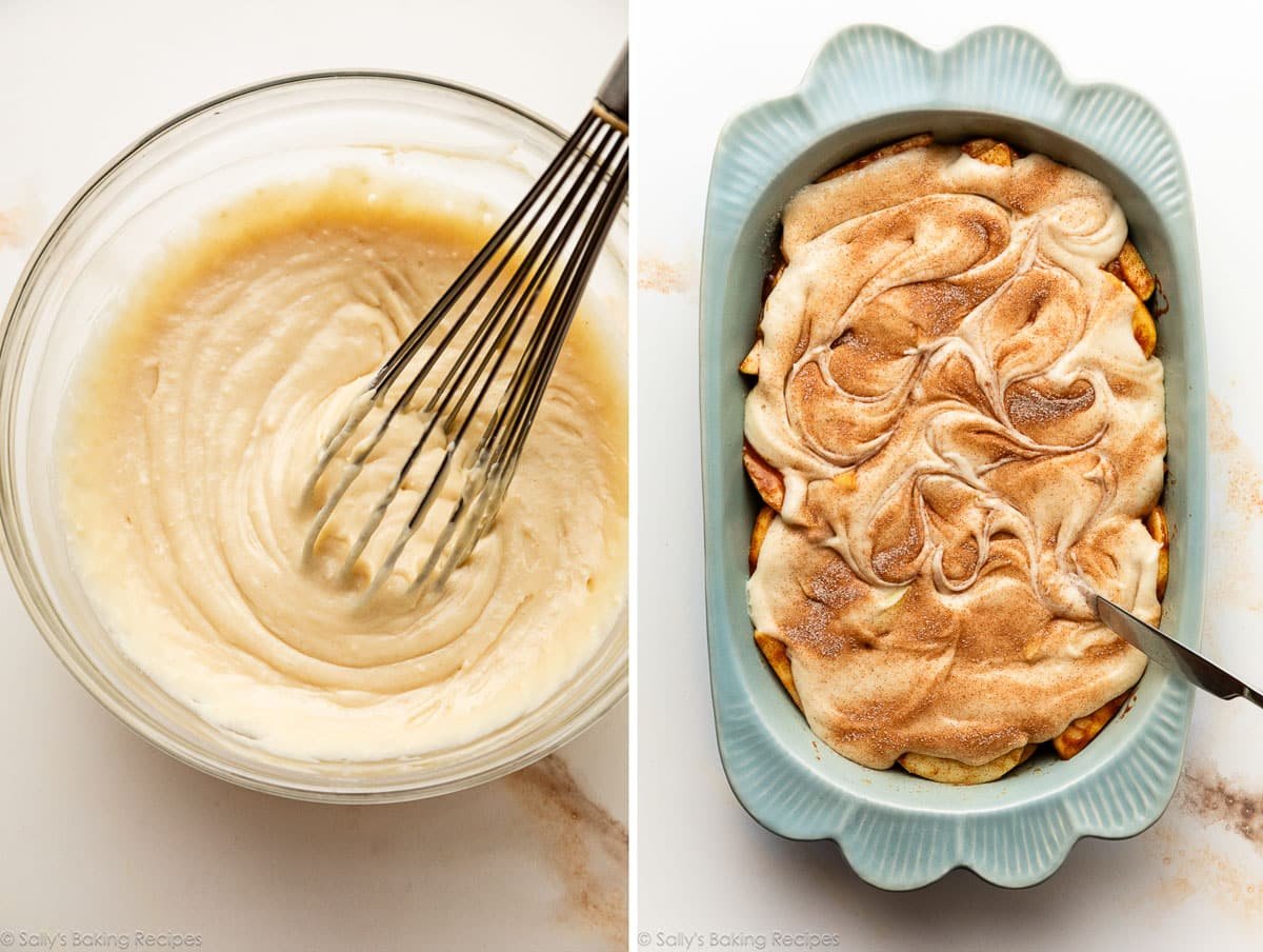 batter in bowl and shown again in blue baking dish with cinnamon swirled on top.