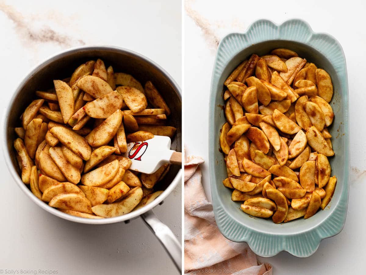 apple slices in pan and shown again spread into blue dish.