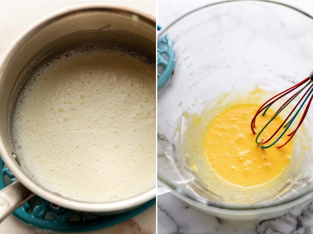 collage of 2 photos showing milk and sugar mixture and whisked into egg yolks.