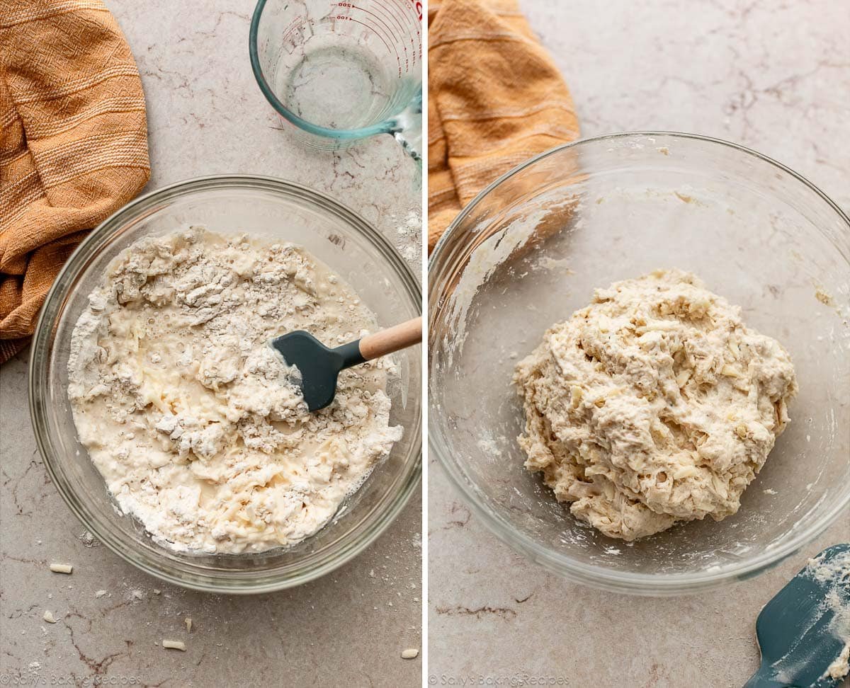 flour and water in glass bowl with silicone spatula and shown again mixed together in the bowl.